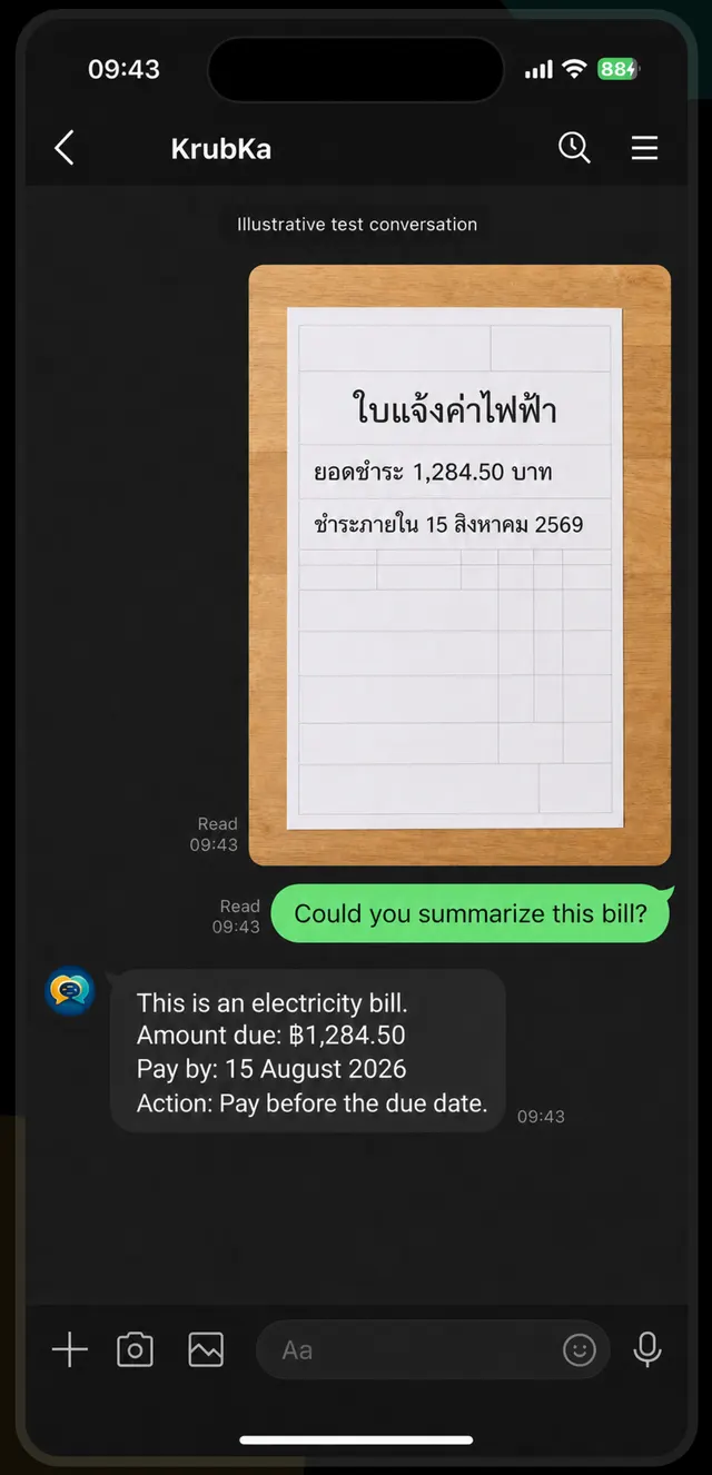 KrubKa chat where a photo of a Thai electricity bill is summarized in English with the amount due and the payment deadline